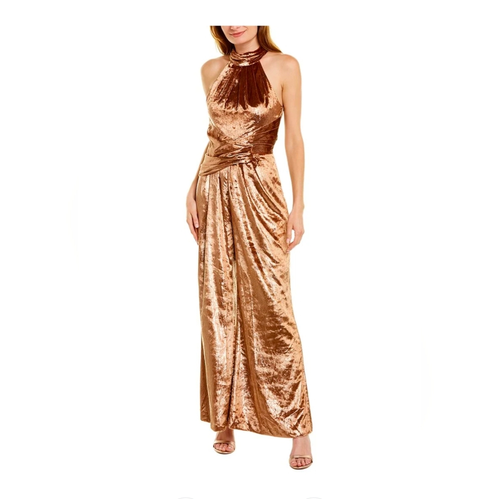 Kay Unger Isadora Women's Crushed Velvet Halter Neck Wide Leg Jumpsuit S…